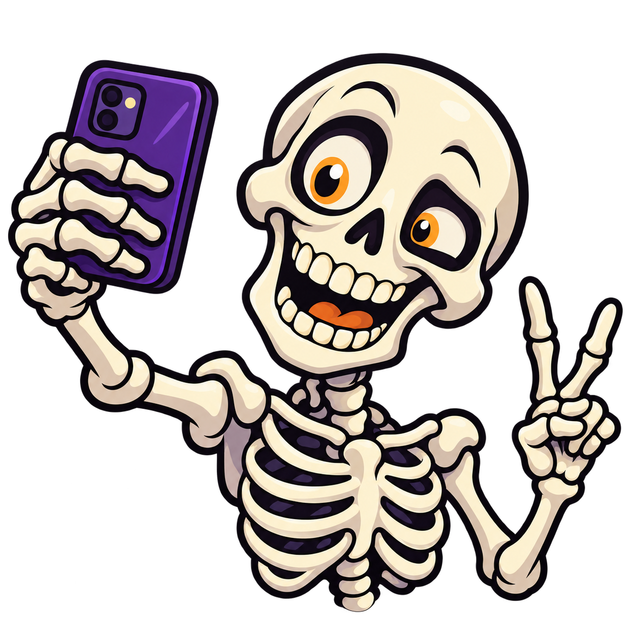 A cheerful skeleton taking a selfie with a purple phone A cheerful skeleton taking a selfie with a purple phone